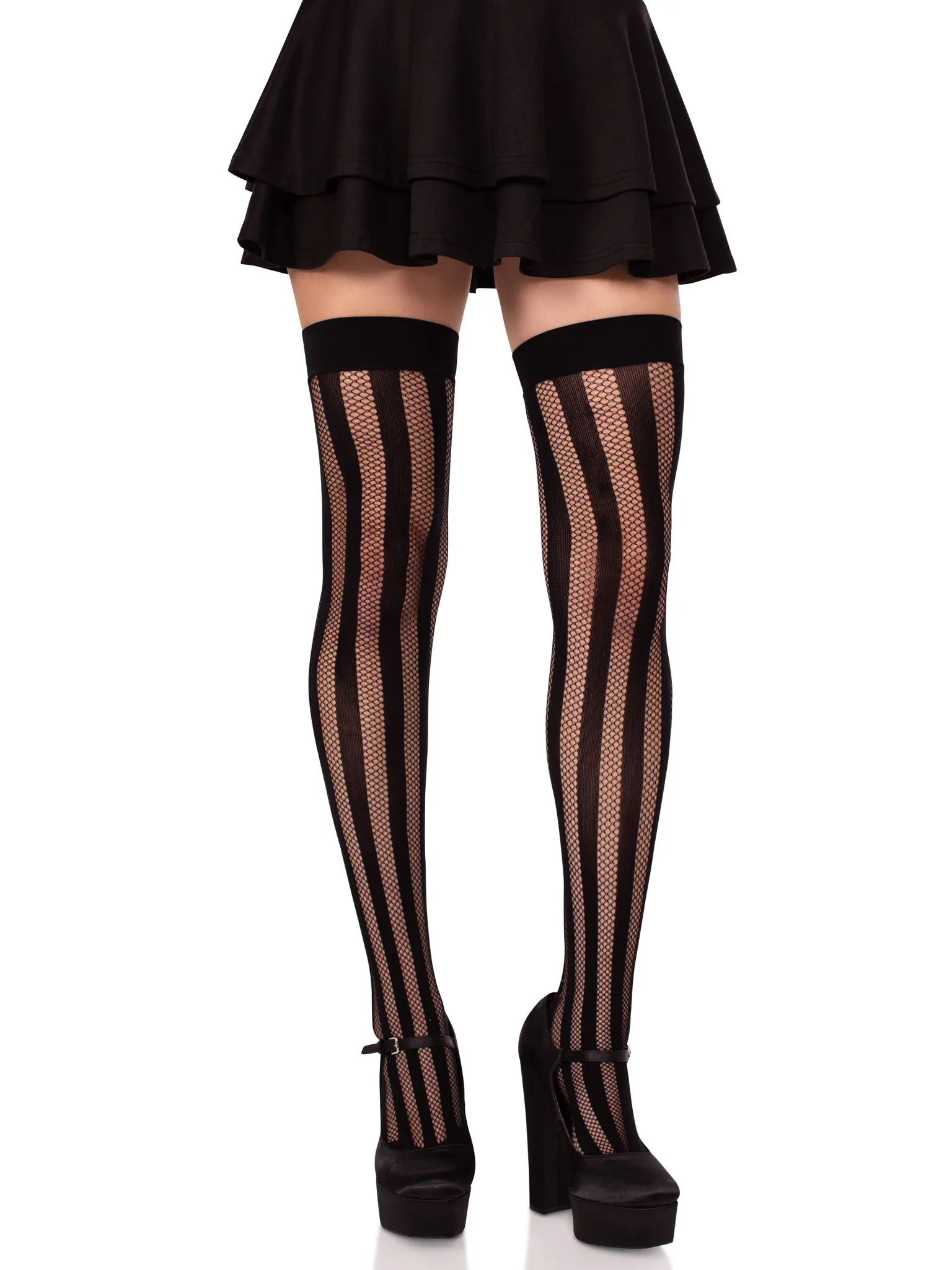 Women's Thigh High Stockings - Edgy Opaque and Fish Net Striped Hosiery Alternative, Stretchy Comfortable Spandex Fabric with Reinforced Toe, Breathable