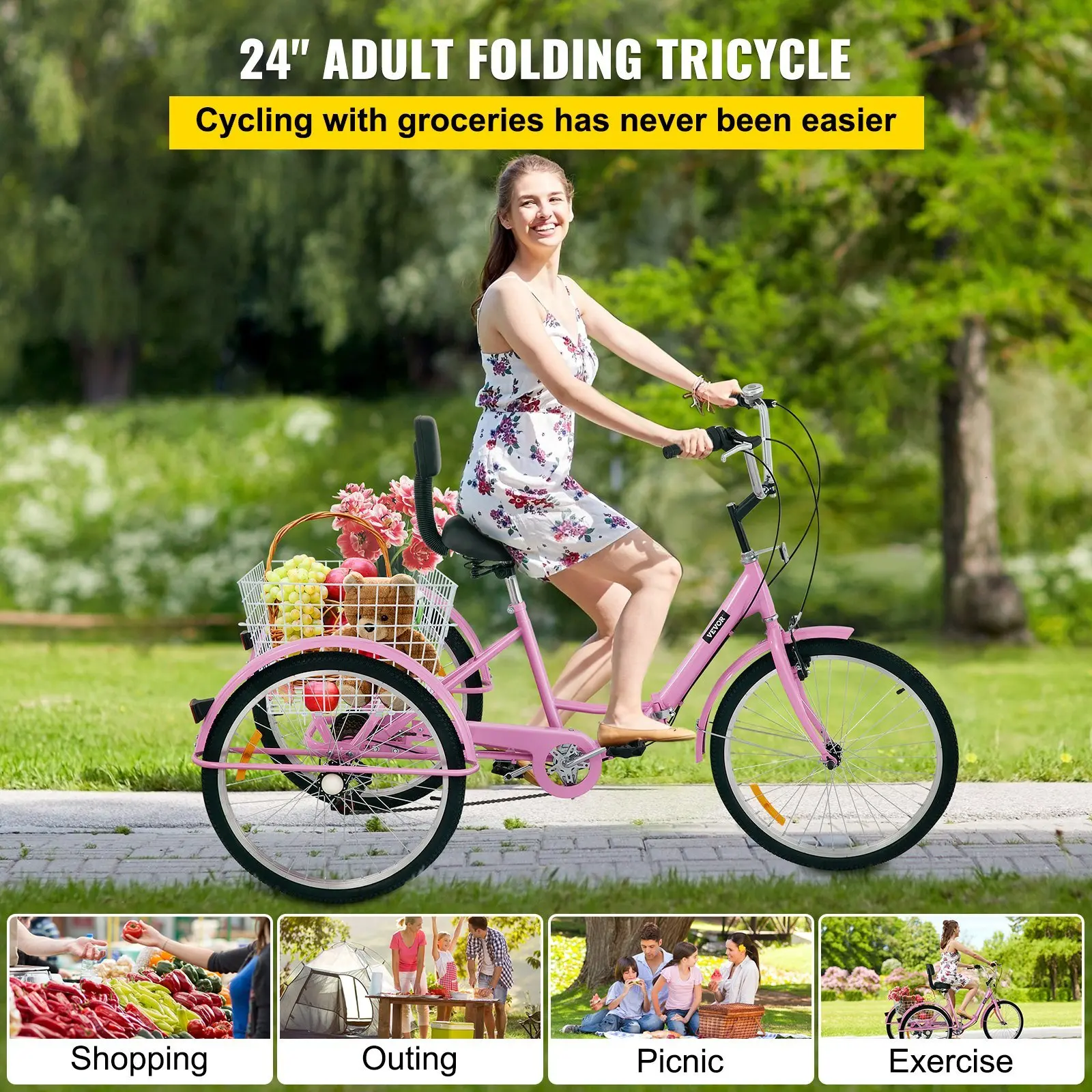 VEVOR Tricycle Adult 24'' Wheels Adult Tricycle 7-Speed 3 Wheel Bikes For Adults Three Wheel Bike For Adults Adult Trike Adult Folding Tricycle Foldable Adult Tricycle 3 Wheel Bike Trike For Adults