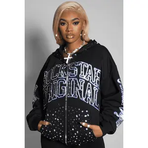 Alvina Black Rhinestone Zip Up Hoodie