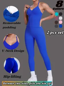 Women's New Seamless Halter Sports Bra + Peach Butt Pants Set, V-Neck Detachable Pads, High Elasticity Workout, Slim Fit Fashion, Seamless Gym Sets, Matching Workout Set, Fitness Clothes