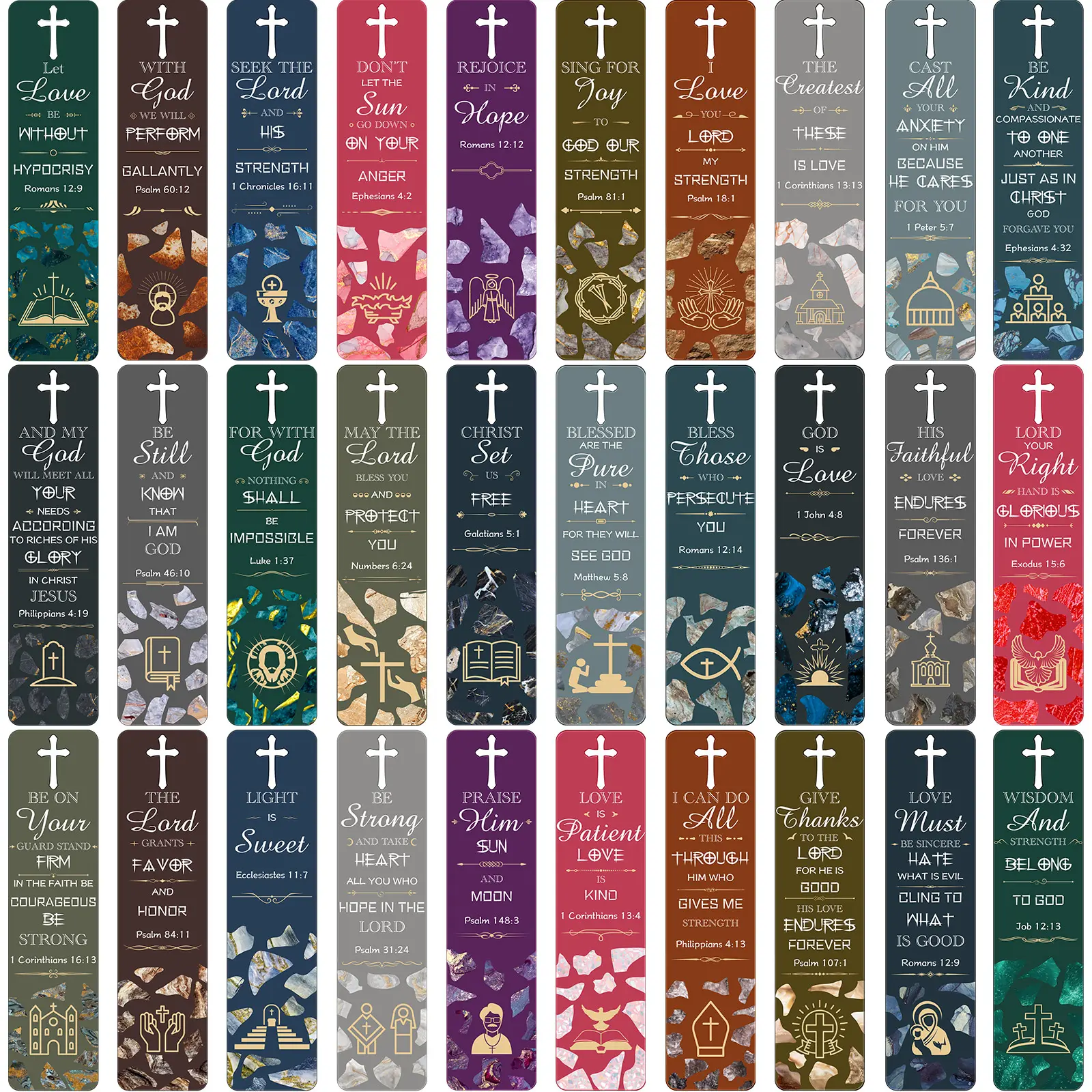 120 Pieces Bible Verses Bookmarks with Hollow Cross Christian Gift for Church Inspirational Religious Bookmarks Gifts Reading Reward Scripture, 30 Style(Marble Style)