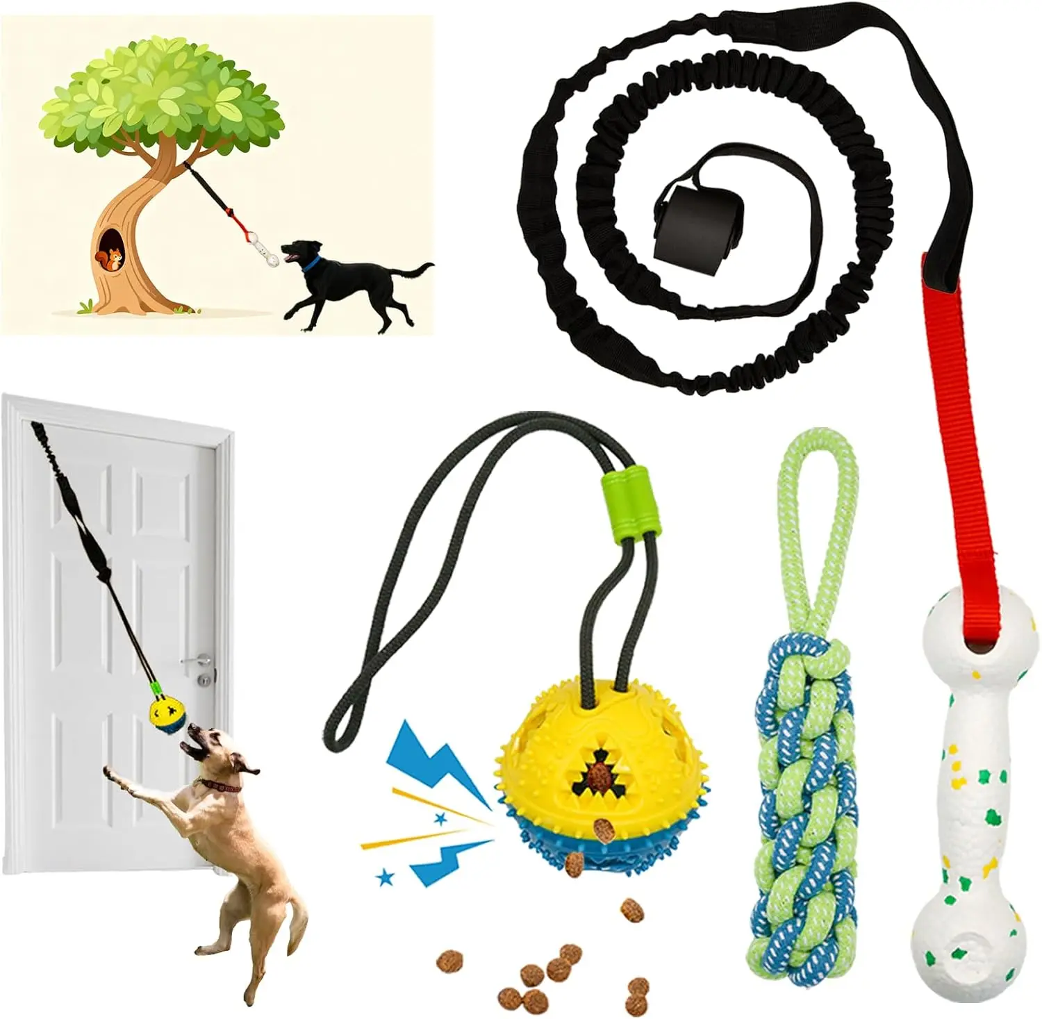 Dog Tether Tug of War Toy 4 Pieces Set, Bungee Spring Pole Hang Over Indoor Door Frame or Outdoor Yard Tree, Interactive Pull Toy for Small/Medium/Large Puppy in Bad Weather