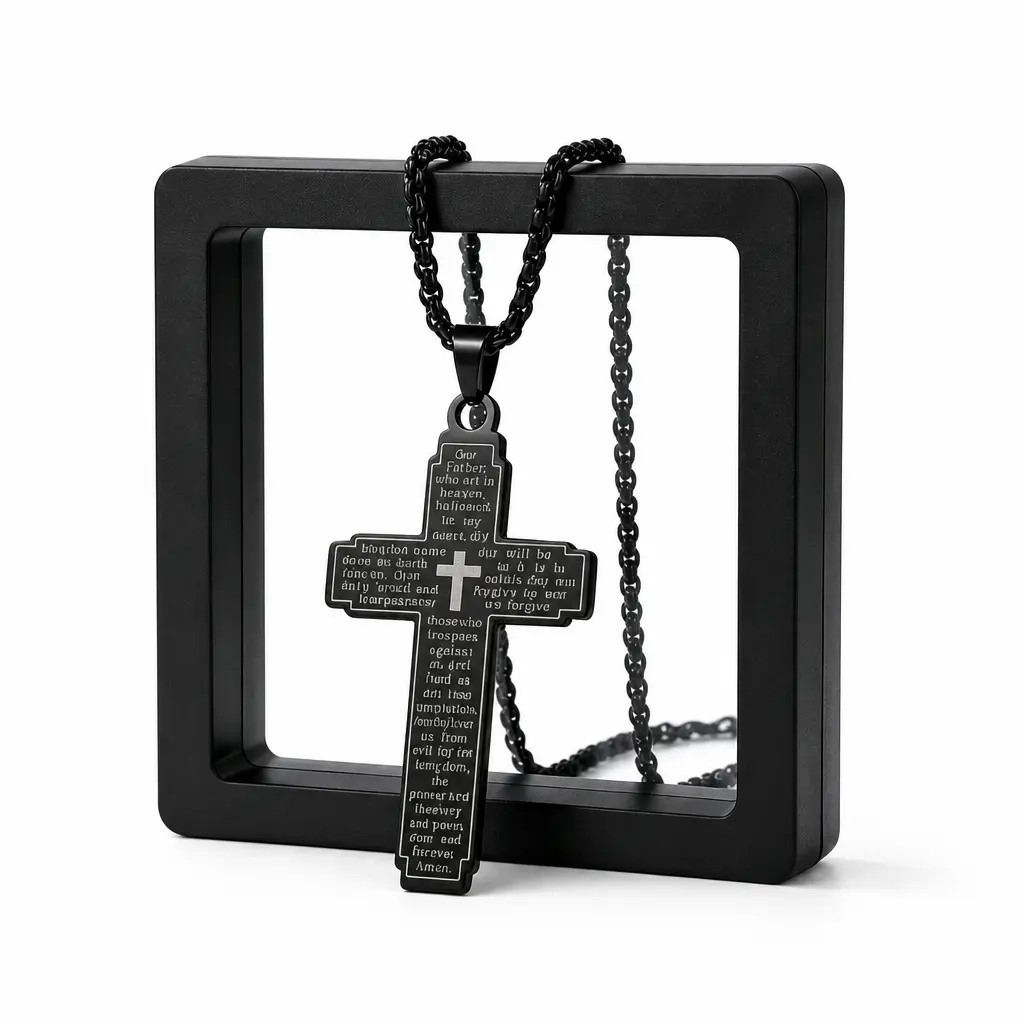 Christian Cross Necklace for Men, Stainless Steel Bible Verse Engraved Pendant Chain, Vintage Faith Jewelry, Black Religious Necklace, Trendy Christian Gift for Husband Boyfriend Dad, Viral TikTok 2026