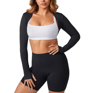 Open Front Bolero Workout Crop Top - Long Sleeves