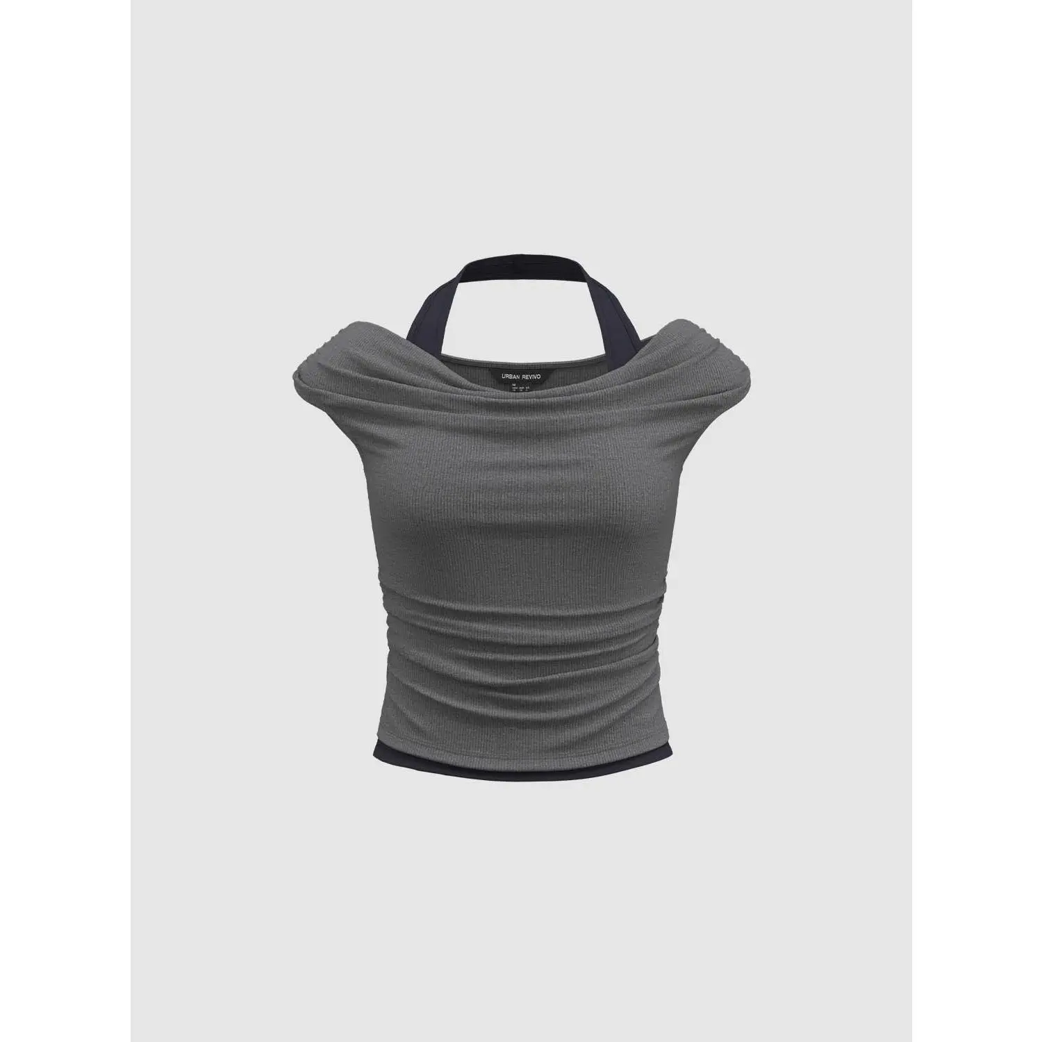 URBAN REVIVO Women's 2-in-1 Contrast Halter Neck Tank Top, Ruched Slim-Fitting Casual Viscose Polyester Blend, 33% Viscose, Cold Wash, Do Not Bleach, Fashion, Sleeveless, Slight Stretch, Fabric, Elastane, Viscose Blend