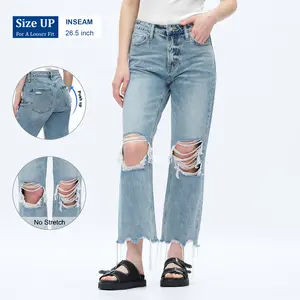 Women's High Rise 100% Cotton Straight Leg Jeans Ripped Jeans All Seasons  Fashionable Comfortable Bottom Overall High Rise Design & Rip Details