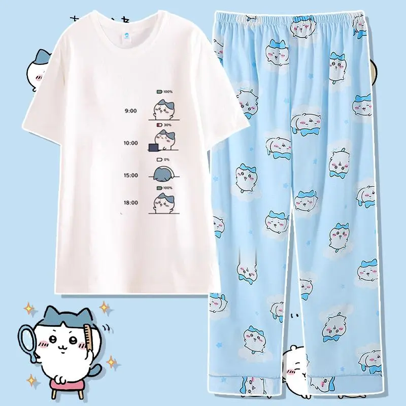 Anime Chiikawa 2-Piece Cotton Pajama Set, Summer Thin Short-Sleeve Round Neck Loungewear with Loose Casual Comfortable Cute Cartoon Home Shorts, Women, Fabric
