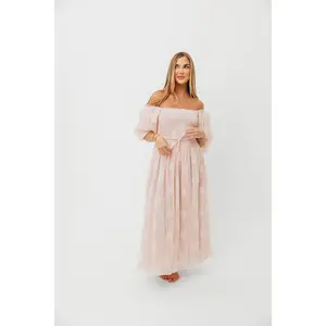 Aimee Smocked Embroidered Floral Midi Dress in Blush
