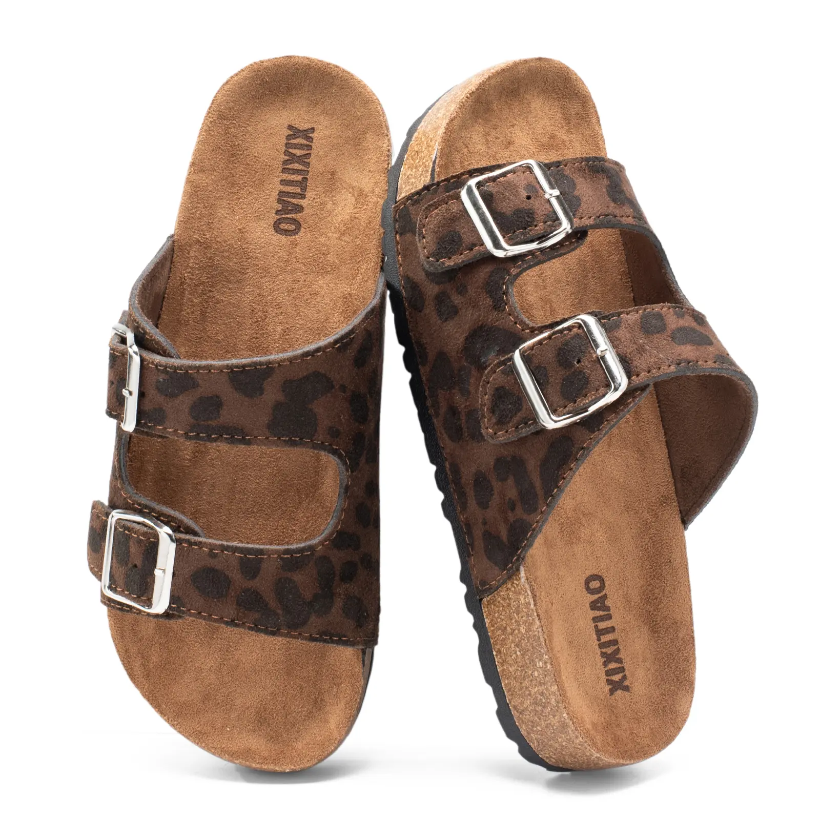 Women's Leopard Flat Sandals with Cork Footbed Open Toe Slides Straps Adjustable Double Buckles Slip On Slippers for Summer Beach Outdoor Casual Walking Shoes Girl