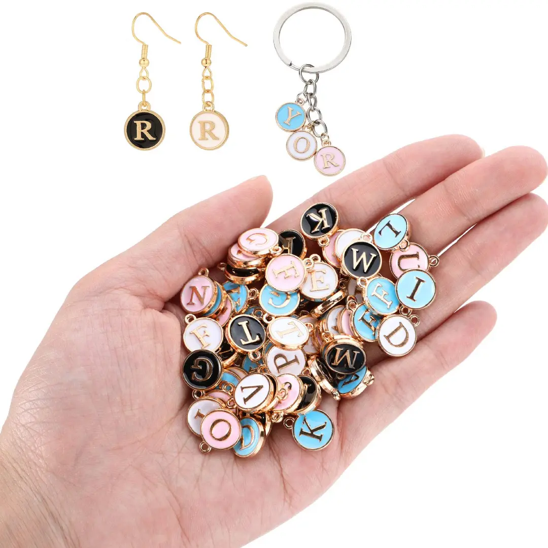 104 Individual Items Double-Sided Letter Metal Alloy Pendants with Black, White, Pink, Blue Beads - Unisex DIY Craft Supplies for Bracelets, Necklaces, Mother's Day, Valentine's Day, Graduation Ceremony Personalized Gifts