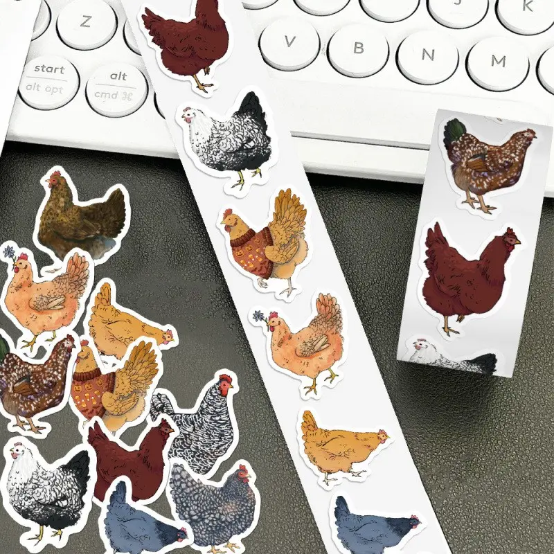 500 Sheets Cute Cartoon Chicken Stickers Roll, Reusable Self-Adhesive Decorative Stickers, 10 Unique Patterns, Bright Colors, Irregular Shapes