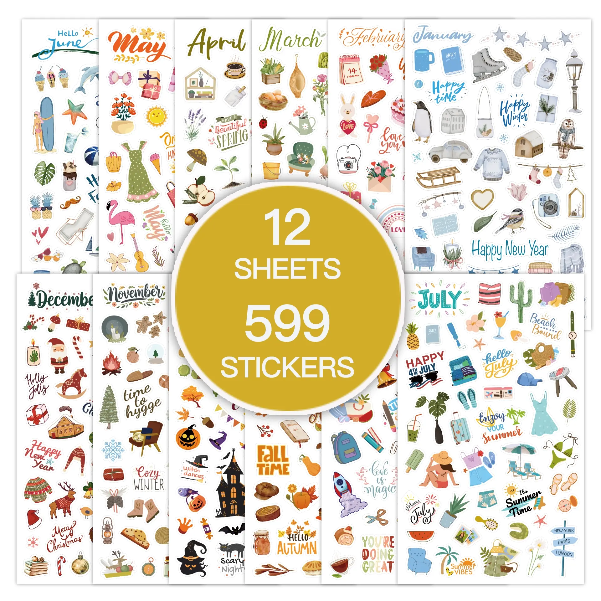 12 Sheets/599 Stickers Kit Planner Stickers, Diary Sticker, Celebrate & Decorate Calendar Stickers, Monthly Holiday Stickers, Sticker Packs, Suitable for Calendars, Journals, Scrapbooks
