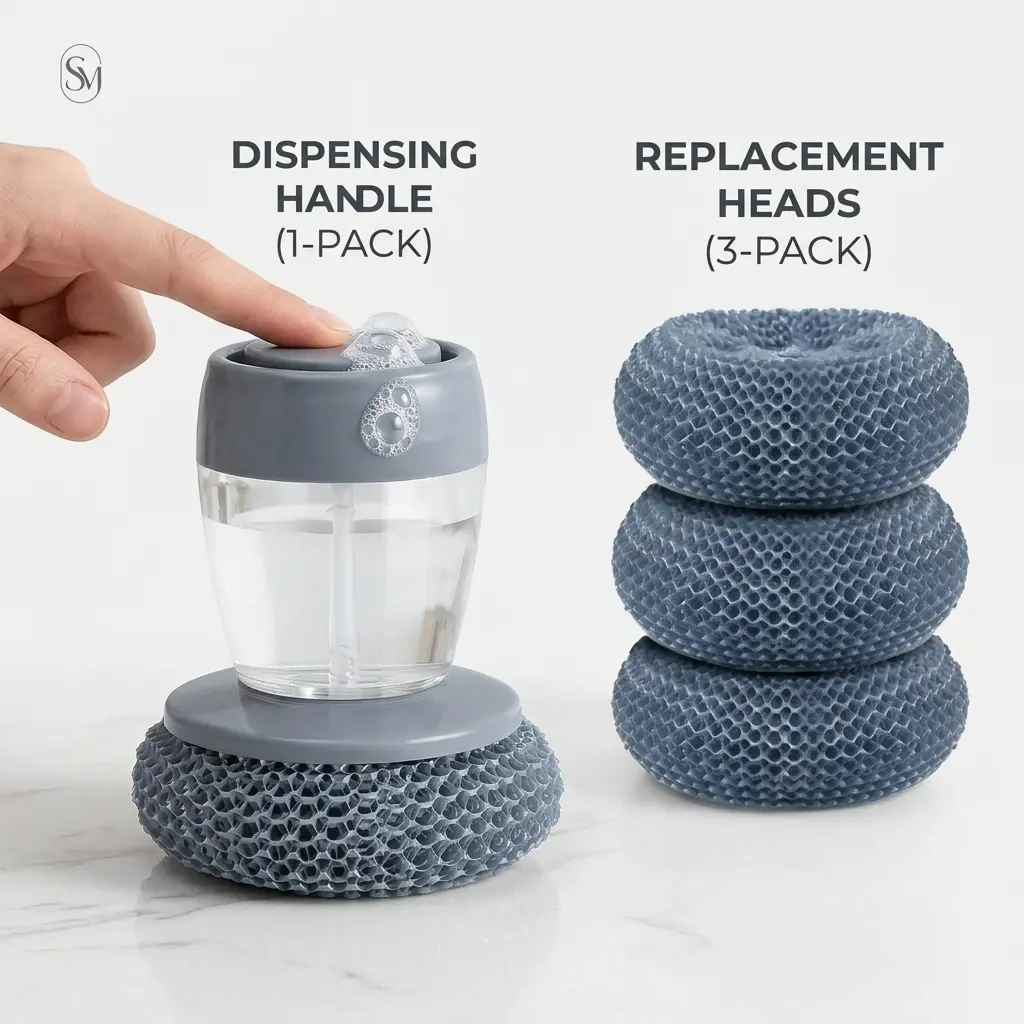 Effortless Soap Dispensing Palm Brush: Comfort Grip Kitchen Scrubber for Pots, Bowls & Sinks