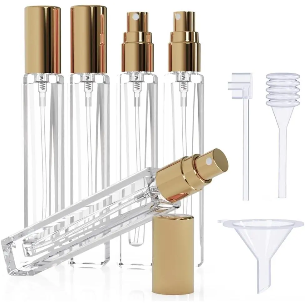 5 count Cologne Atomizer Empty, 10ML Mini Perfume Bottles Refillable With Dispenser Tools, Pocket Spray Bottle for Travel and Sample Container (Transparent+Golden Cap)