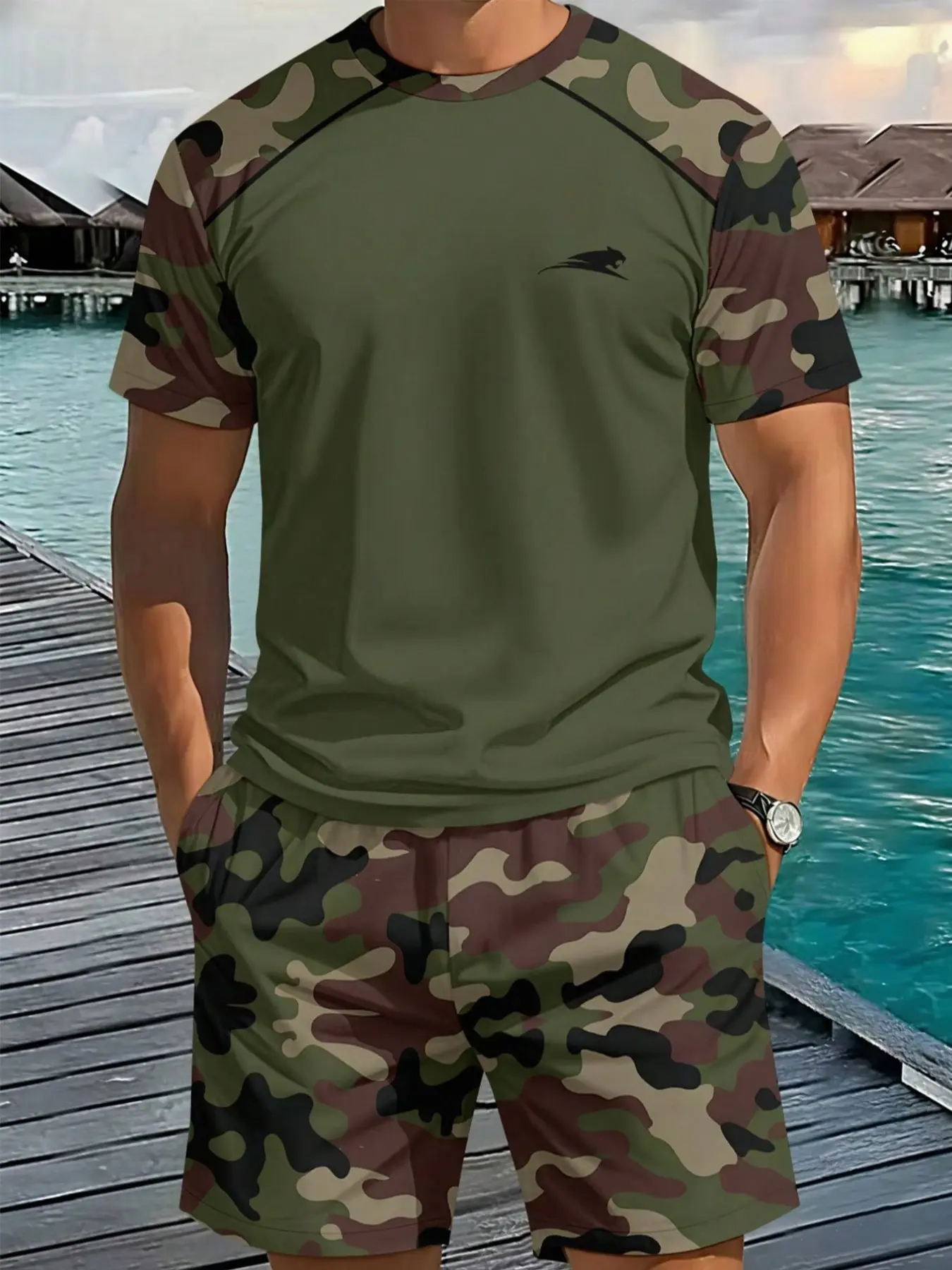 Men's Two-Piece Set, Matching Short Sleeve Top and Shorts, Casual Sporty Style, Military Camouflage, Summer Daily Wear, All over Print