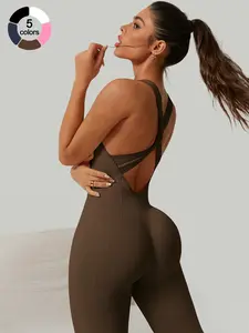 Women's Sporty Comfy Workout Jumpsuit Cross-Strap Back Support, Seamless Ribbed High Elasticity, Wear-Resistant, Removable Padding, Show off Curves