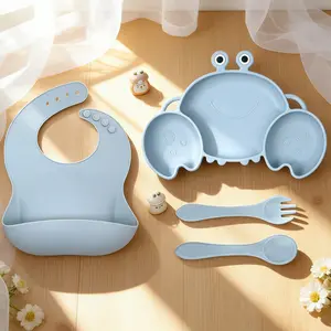 Baby Silicone Feeding Set, Crab Design Plate, Adjustable Silicone Bib, Food Grade Silicone Fork Spoon, 4pcs/set, Feeding Accessories, Silicone Utensils