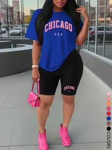 Two-piece Set Women's Chicago Letter Print Short Sleeve Tee & Skinny Shorts, Casual Round Neck T-shirt & Shorts for Daily Wear, Ladies Two-piece Outfits for All Seasons, Shortsleeve Clothes, Womenswear