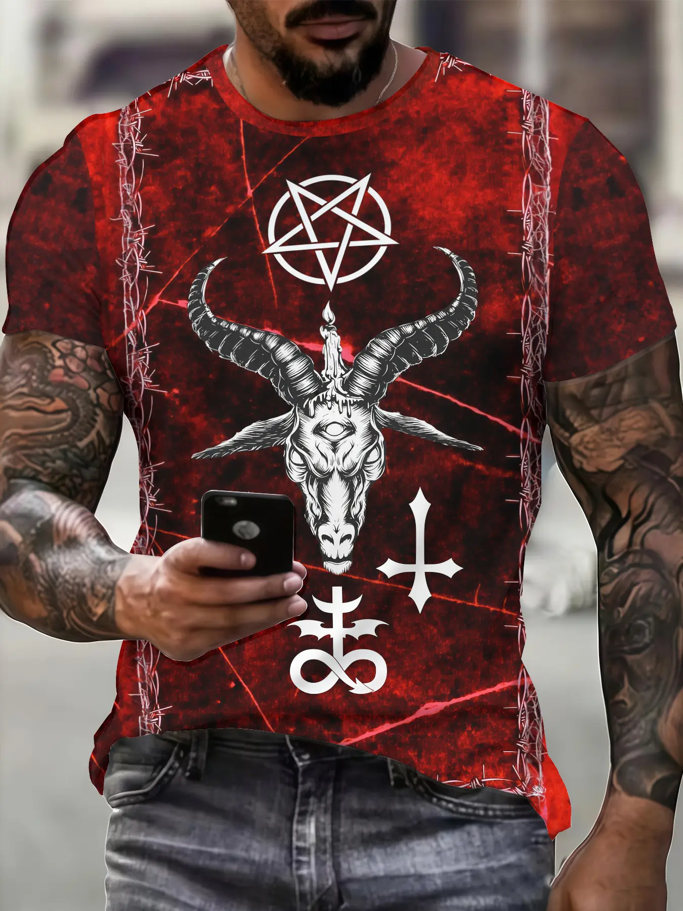 Men's Streetwear Tshirt with Abstract Baphomet & Pentagram 3D Print, Casual Regular Fit Short-Sleeve Polyester Sportswear, Shortsleeve, Menswear, Round Neck, Breathable, Top Tee, Fabric, Full Print
