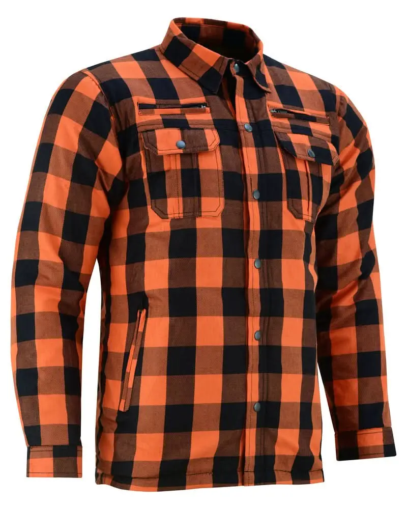 Alpha Check™ Checked Reinforced Men's Cotton Armored Motorcycle Flannel Shirt - Orange, XL, Long Sleeve, Waterproof, Kevlar, Zipper, Pocket, Ample Length, 2 Inside Concealed Gun Pockets, Snap, Casual Menswear Top