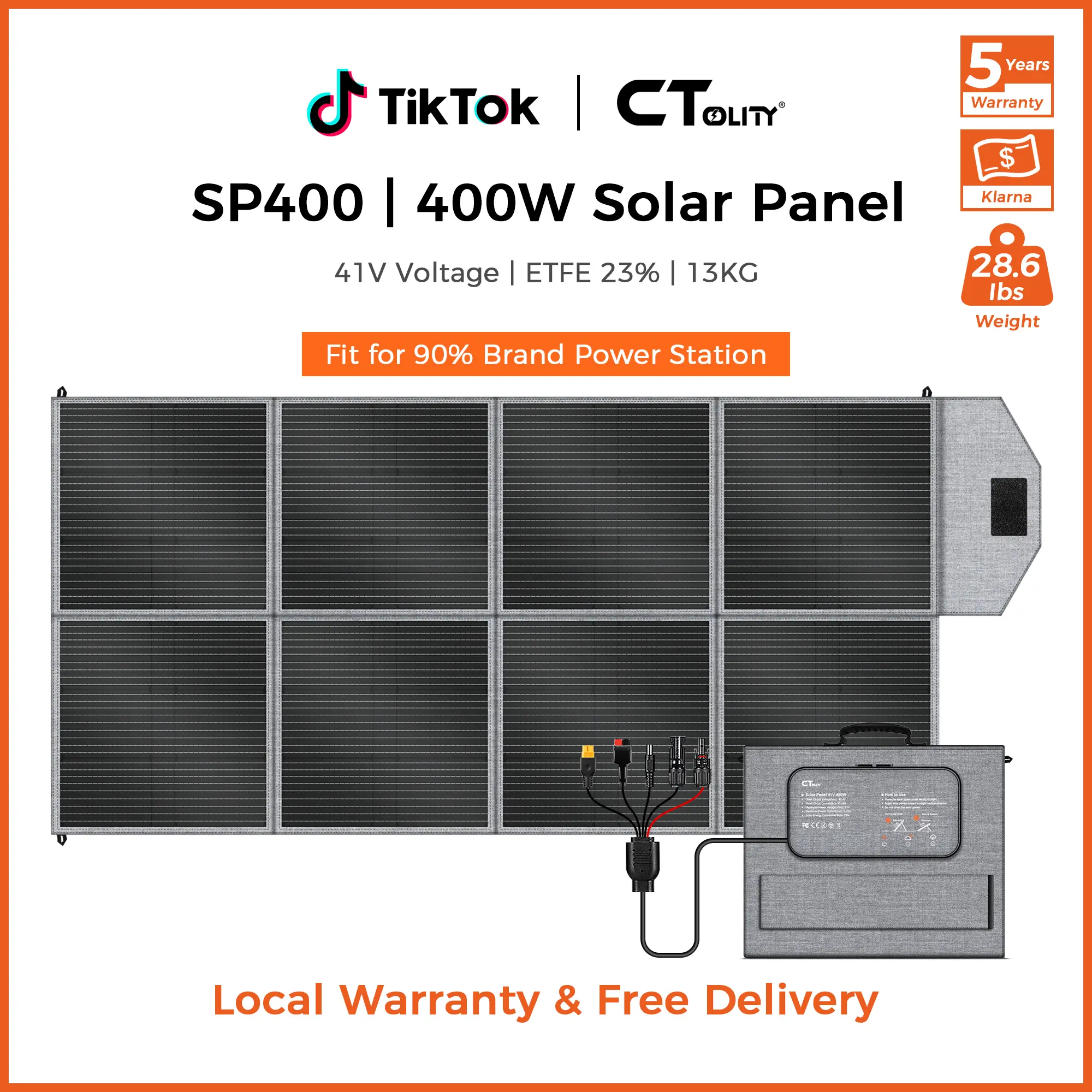 CTOLITY SP400 400W Foldable Solar Panel - 41V 10A (max), 22% High-Efficiency Portable Charger with Adjustable Kickstand, 10kg, 12AWG MC4, 182mm, 200W & Above for RV Camping Power Station, Power Outage Survival