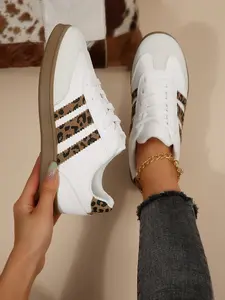 Women's Vintage Leopard Print Lace-Up Casual Athletic Sneakers, Walking Shoes, Trainer, Low-Top Comfort Design, Breathable Durable Structure, Ideal for Daily Wear, Footwear