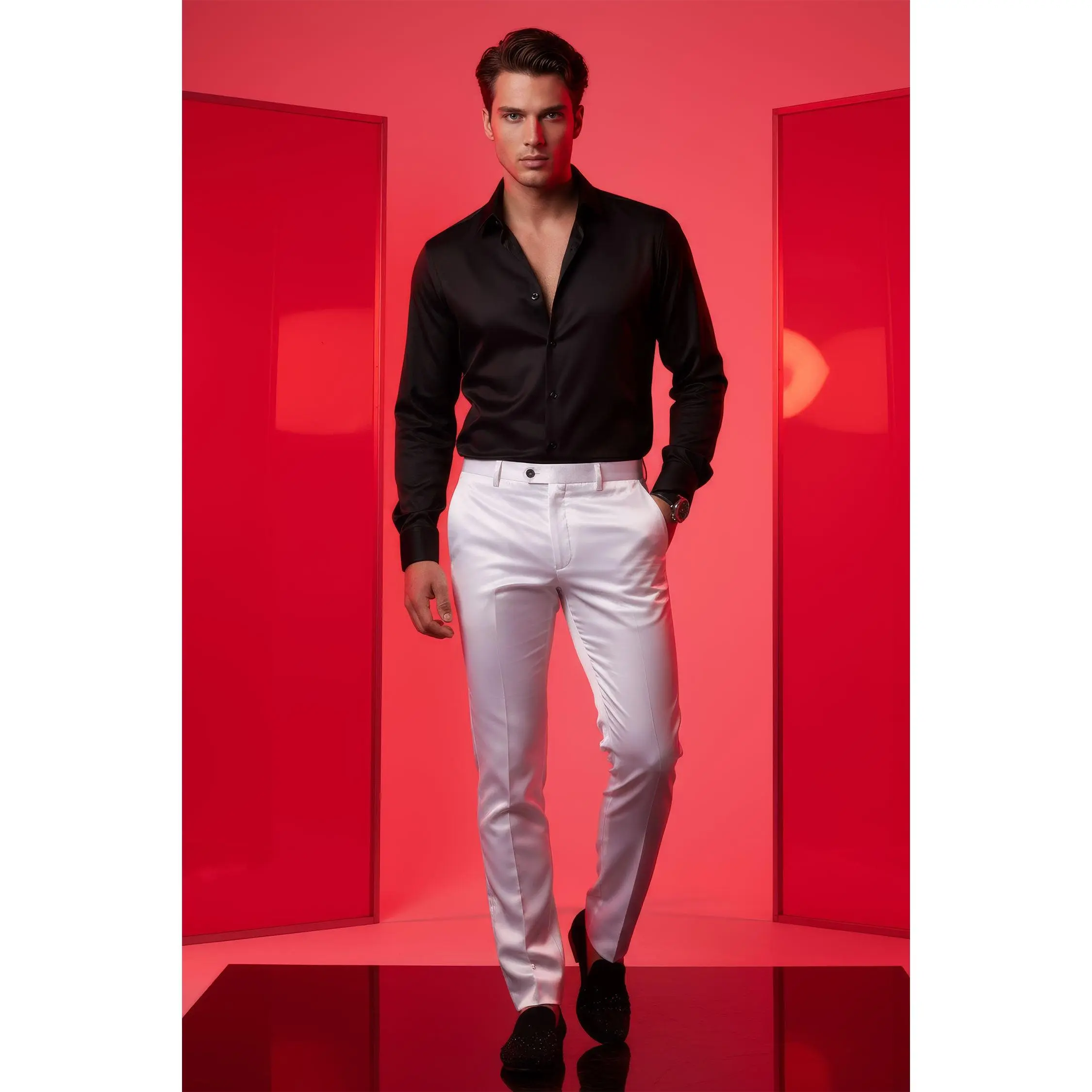 Chaps Pants - Black Spandex Fabric Men's Pants with Side Pocket, Comfortable Fit, Ideal for Casual Wear Menswear Blazers Suits Beige Dress Hem
