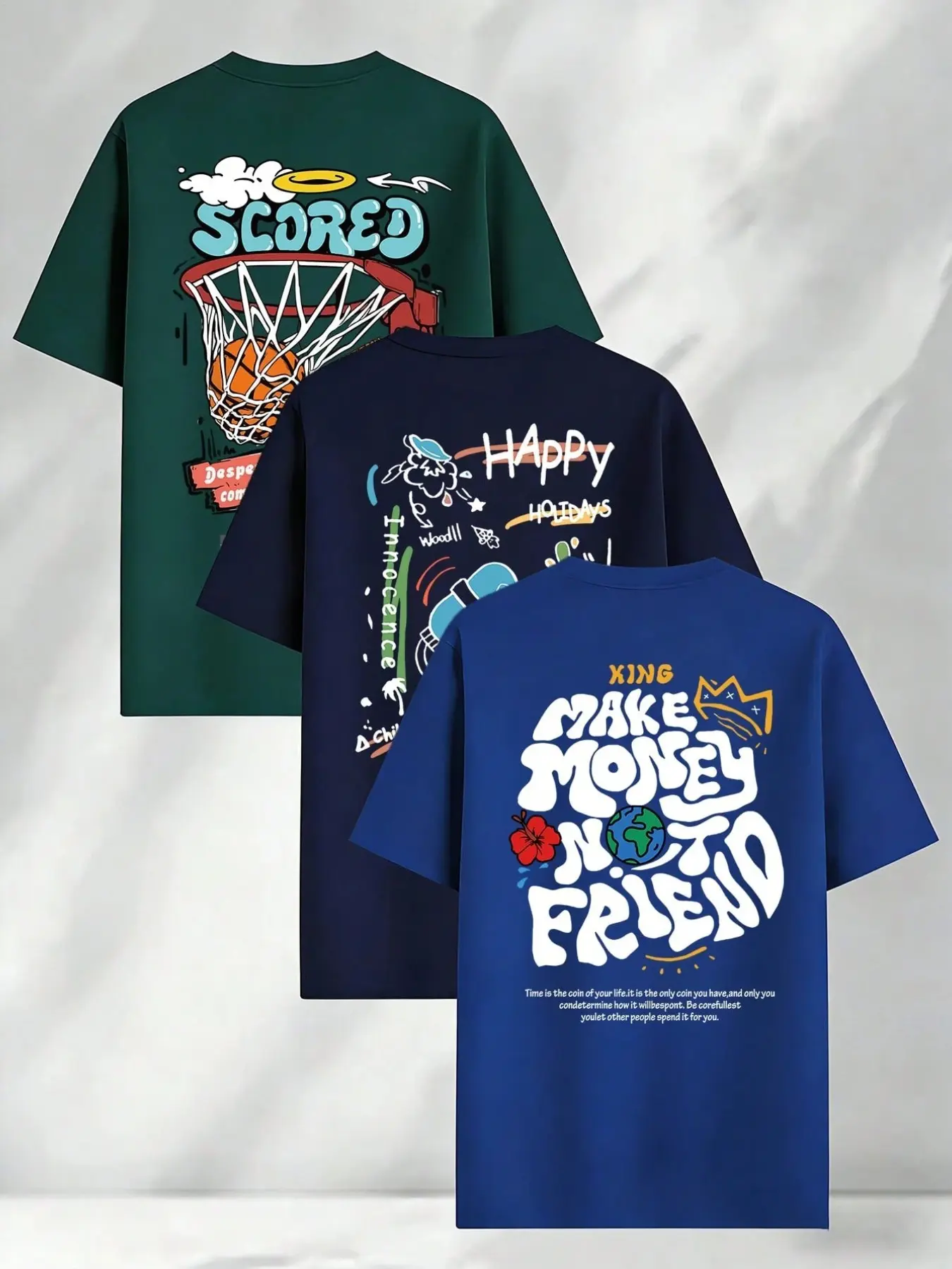 3-Piece Graffiti Printed Oversize Short-Sleeve T-Shirts, Men's Breathable Crew Neck Tops, featuring themed prints of basketball scoring, making money over connections, and happy holidays. Y2K street-style tees perfect for daily wear and basketball outings