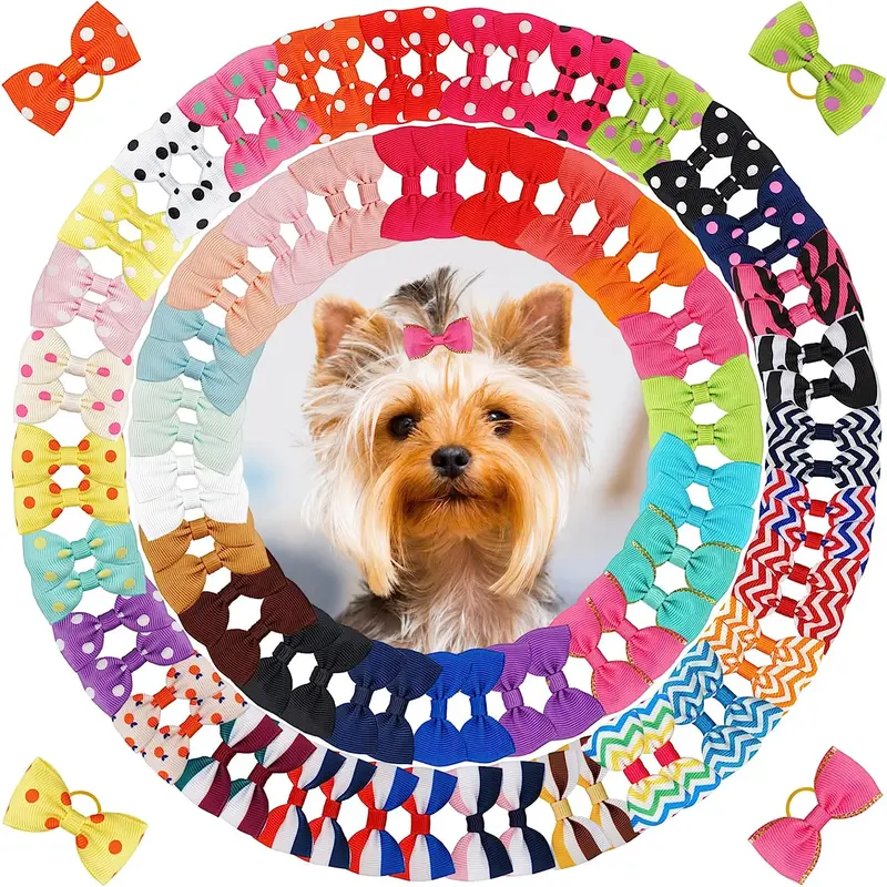 Dog Hair Headbands with Elastic Bands - 50 Pairs (100 Bright Polka Dot Bows), Comfy and Lightweight Stylish and Cute Pet Grooming Accessories for Yorkie Puppy Costumes
