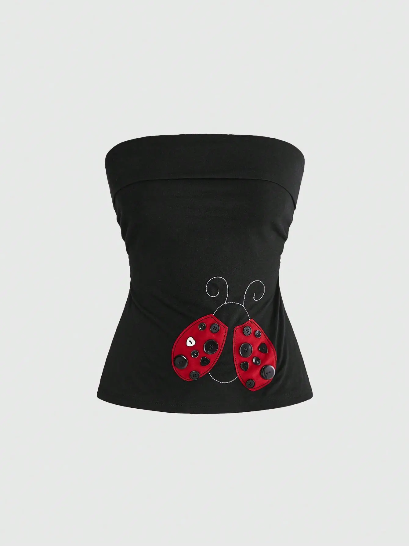 Women's Ladybug Embroidered Cropped Camisole Top – Handmade Button Detail Funny Black Y2K Tank Top