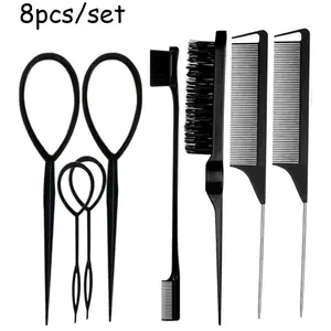 8-piece set of hair styling tools, steel needle pick dye pointed tail comb, hair puller, long tail comb eyebrow brush, suitable for bangs, hairline, eyebrows and eyelashes, used for hairstyle design, separation, combing and coloring