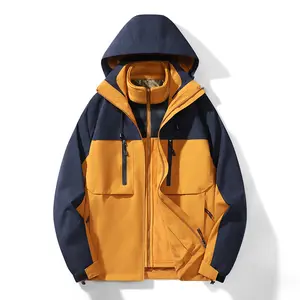 Men's Hooded 3-in-1 Hiking Jacket, Thickened Waterproof Windproof Outdoor Warm Coat for Camping Trekking