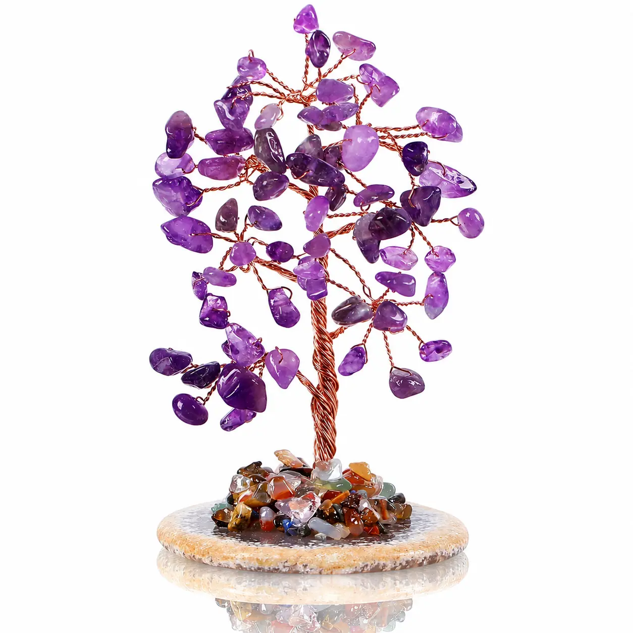 Genuine Stone Rose Quartz Feng Shui Tree with Crystal Pebble Healing Stones - Handcrafted Art Decorative Home Ornament, Handmade Uniqueness Thoughtful Birthday Gift for Room Harmony & Balance