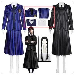 The Addams Family Wednesday Cosplay Costume Girl School Black Uniforms Suit Dress Woman Halloween Party Clothes Wig