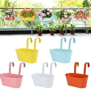 Hanging Flower Pot 5 Pcs, Metal Iron Bucket Planter Box with Detachable Hooks, Outdoor Flowers Holder for Railing Fence Balcony Garden Yard