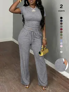 2026 Women's Solid Round Neck Short Tee & Pants Loungewear Two/Six Piece Set, Casual Comfy Pajamas Set for Women, Comfy Loungewear Set for Daily Home Wear