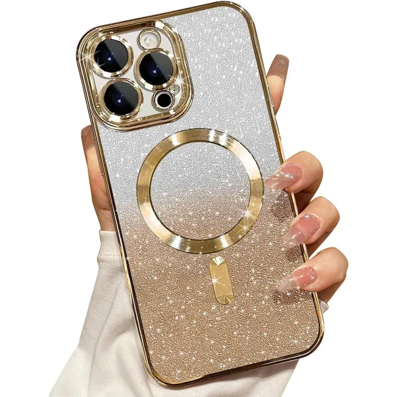 Phone Cases for iPhone 17 Pro Max 16 15 14 13 12 11 Pro Max Plus Magnetic Glitter Case Compatible with MagSafe,Camera Lens Protector Full Protection Elegant Anti-Scratch Dust-Proof Net Case Cover for iPhone 17 Pro Max Gold
