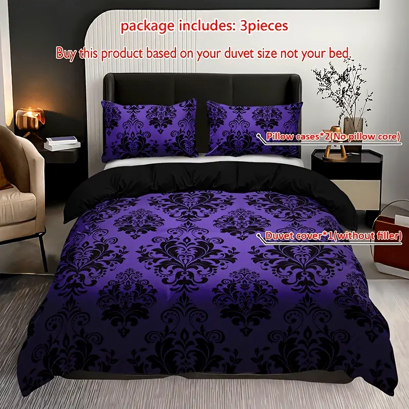3-Piece Elegant Purple Floral Bedding Set Suit-Including 1 down Quilt Cover and 2 Pillowcases, Breathable Polyester Fiber, High-Definition Printing, All-Season Comfort for Home Or Dorm Decoration