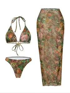 Women's Leopard & Floral Print Halter Bikini Set, Casual Fashion Tie Back Backless Swim Top & Swim Panty & Cover Up Skirt for Beach Holiday Vacation, Ladies Swimsuit for All Seasons, Leopard Print Bikinis