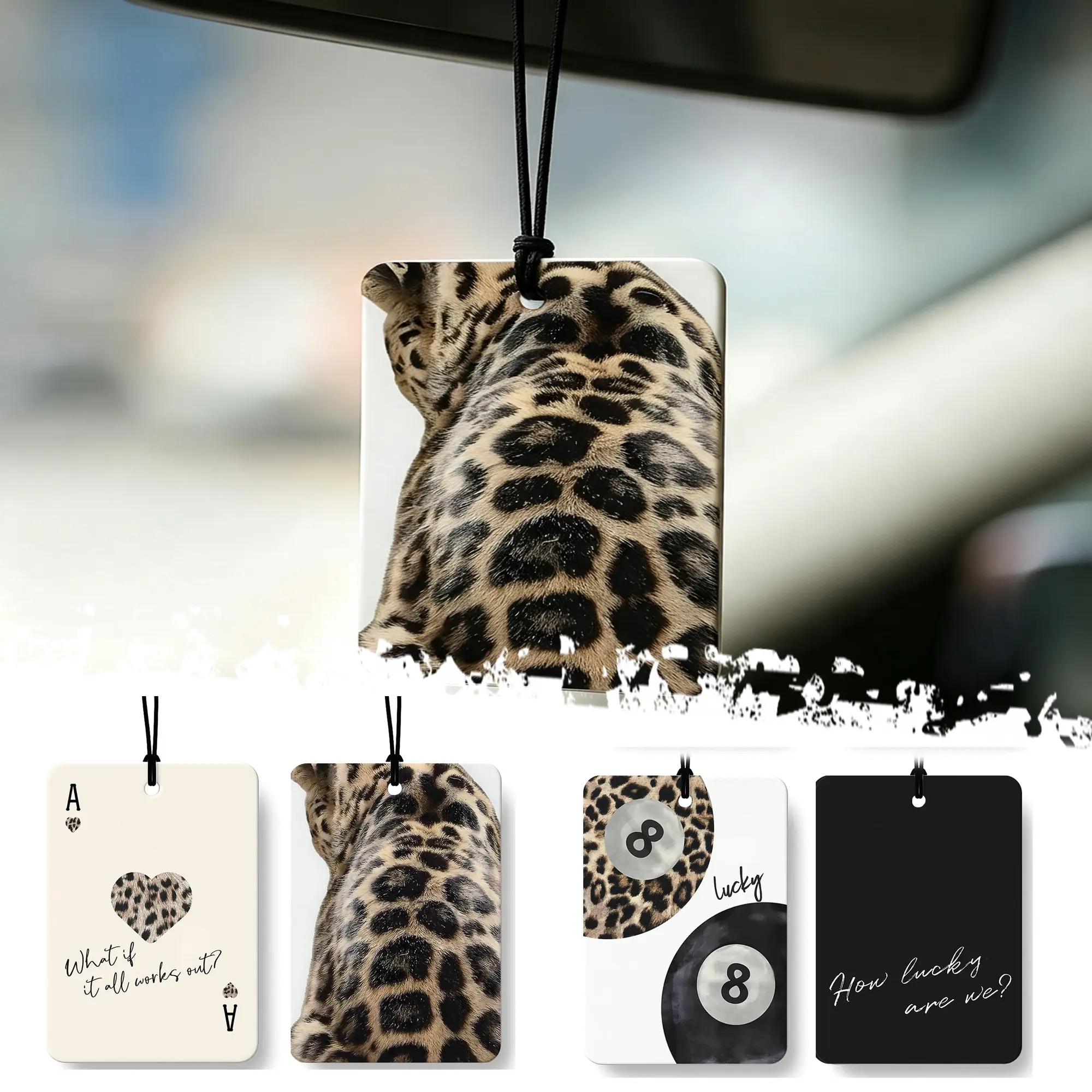 DIBMS Black Leopard Print Car Air Freshener 4 Pcs, Trendy Cheetah Lucky 8 Ball Ace Card Hanging Air Freshener for Cars Closet Drawer Books, Leopard Car Accessories Mirror Decor for Women