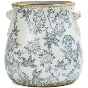 Vintage Grey Ceramic Ice Crack Glaze Flower Pot with Drainage Holes and With Handle, Country Rustic Planters for Indoor and Outdoor,Tuscan Decor,Home,Living Room, Garden Decor, Gardening Gift (Grey)