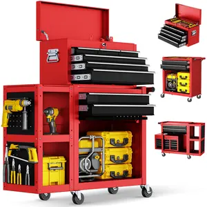 8-Drawer Rolling Tool Chest Cabinet, Detachable Metal Tool Box with Lock & Wheels, Heavy Duty Garage Tool Organizer with Side Hooks, Black