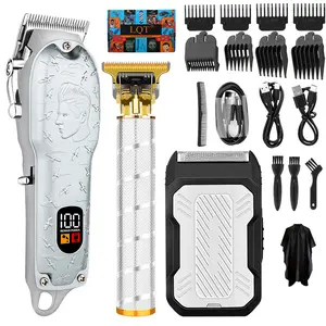 Hair Clippers 3-Piece Men's Professional Cordless Rechargeable Clippers Haircutting Set Barber Kit with LED Display, Trimmer, Shaver, Beard Clipper - Gift for Man