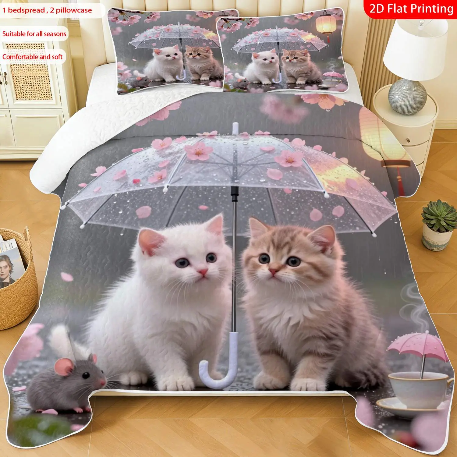 3pcs, 2D flat print Cute Kitten with Umbrella Bedspread Set, Cherry Blossom & Rain Theme, multiple sizes available, bedding set, festive decorative bedding, ideal for bedroom décor(1 bedspread , 2 pillowcase)