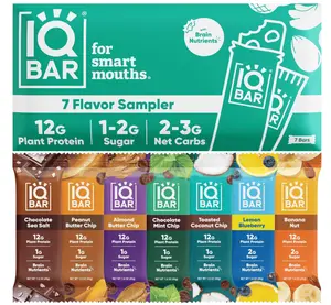 IQBAR Brain and Body Plant Protein Bars - 7 Bar Sampler Pack - Gluten Free, High Fiber, Vegan Snacks - Low Sugar Meal Replacement