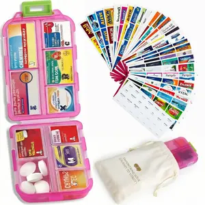 Medicine Box with Labels | Travel-Size Daily Pill Organizer | Mini Medicine Storage Box | Pill Organizer | Essential Travel Medicine Box | 7-Day Supply (1 set, includes 200 labels and a storage pouch)