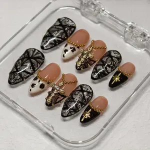 【black lace Collection 】Vosplends 10pcs  handmade  Acrylic press on nails, reusable,Tropical Seashell Press-On Nails summer vacation White French Tip