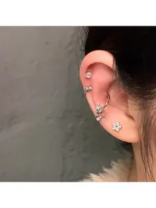 Star Hoop Earrings 1.2mm Thick S-Shaped Ear Cuffs, Non-Removable Super Shiny Zirconium Ear Bone Pins, Sparkling Star Earrings