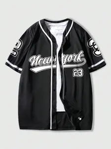 Men's Letter & Number Print Button Front V Neck Baseball Jersey, Casual Drop Shoulder Short Sleeve Sportswear Top for Daily Wear, Men's Clothes for All Seasons
