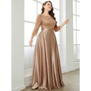 Crew neck long-sleeve satin long ball gown party dress with sequin patchwork, bridesmaid dress